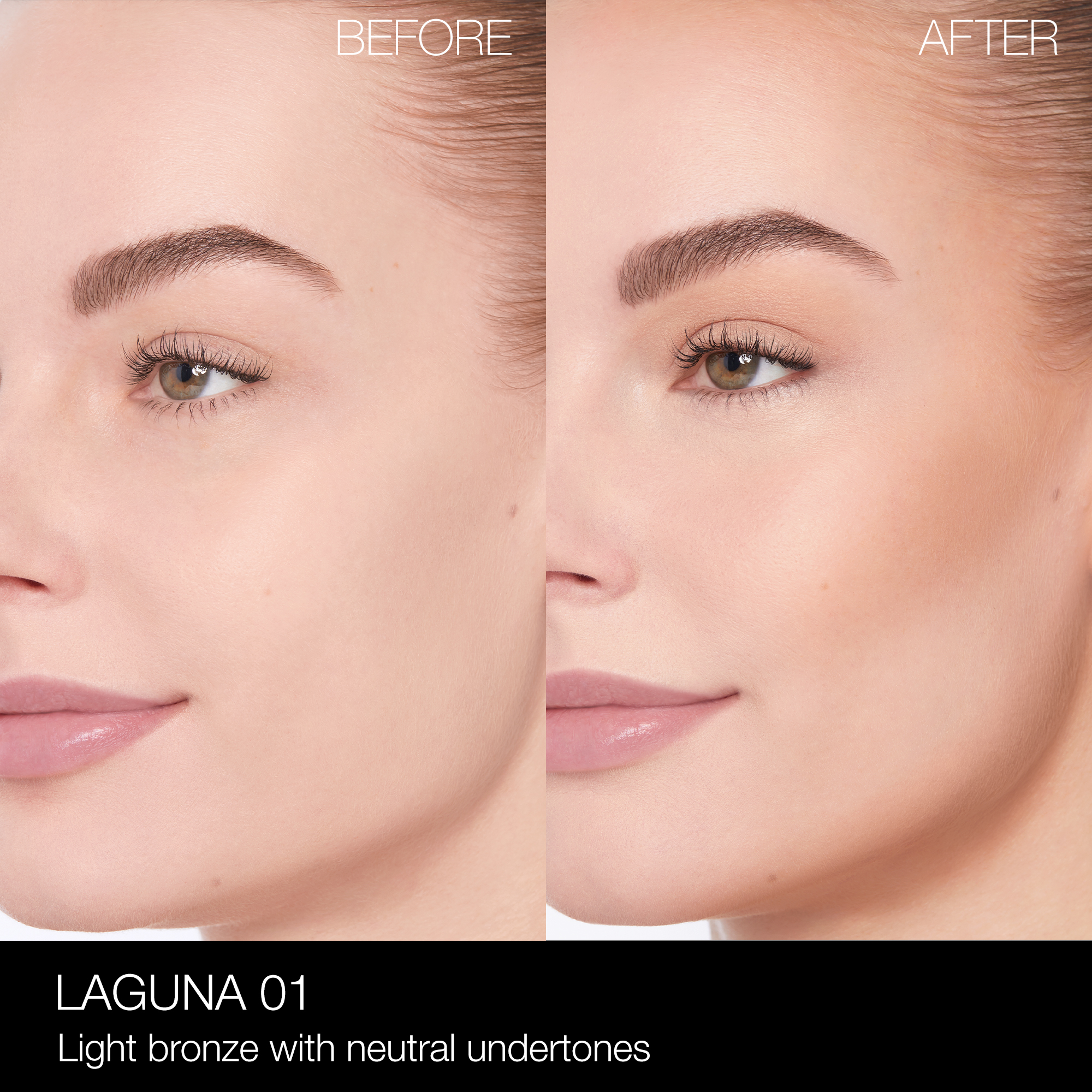 NARS_SP23_LagunaCollection_PDPCrop_OnModel_BeforeAfter_LagunaBronzingPowder_Laguna01